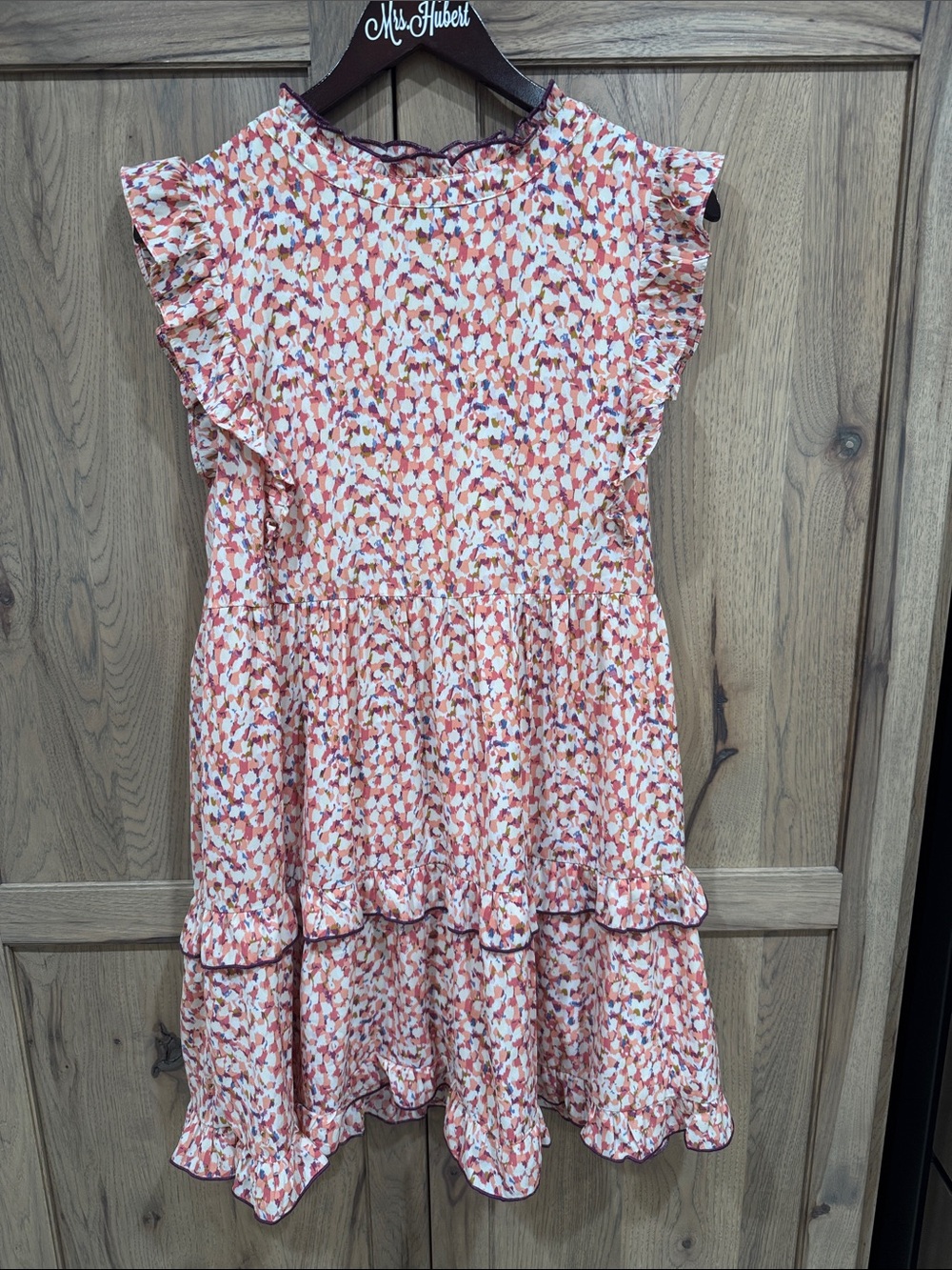 JODIFL Coral Pink and White Floral Ruffle Tiered Dress